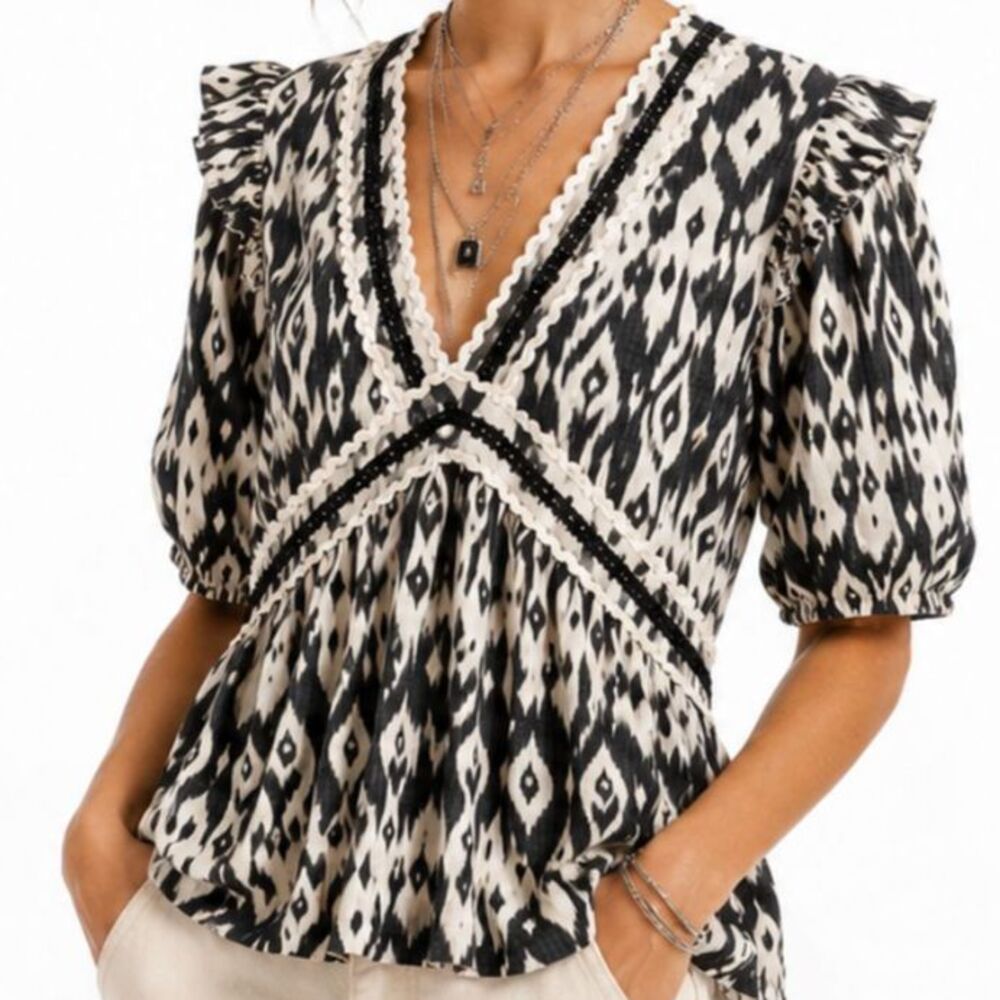Verb by Pallavi Black White Geometric Boho Ruffle Sleeve Peplum Blouse Top XL